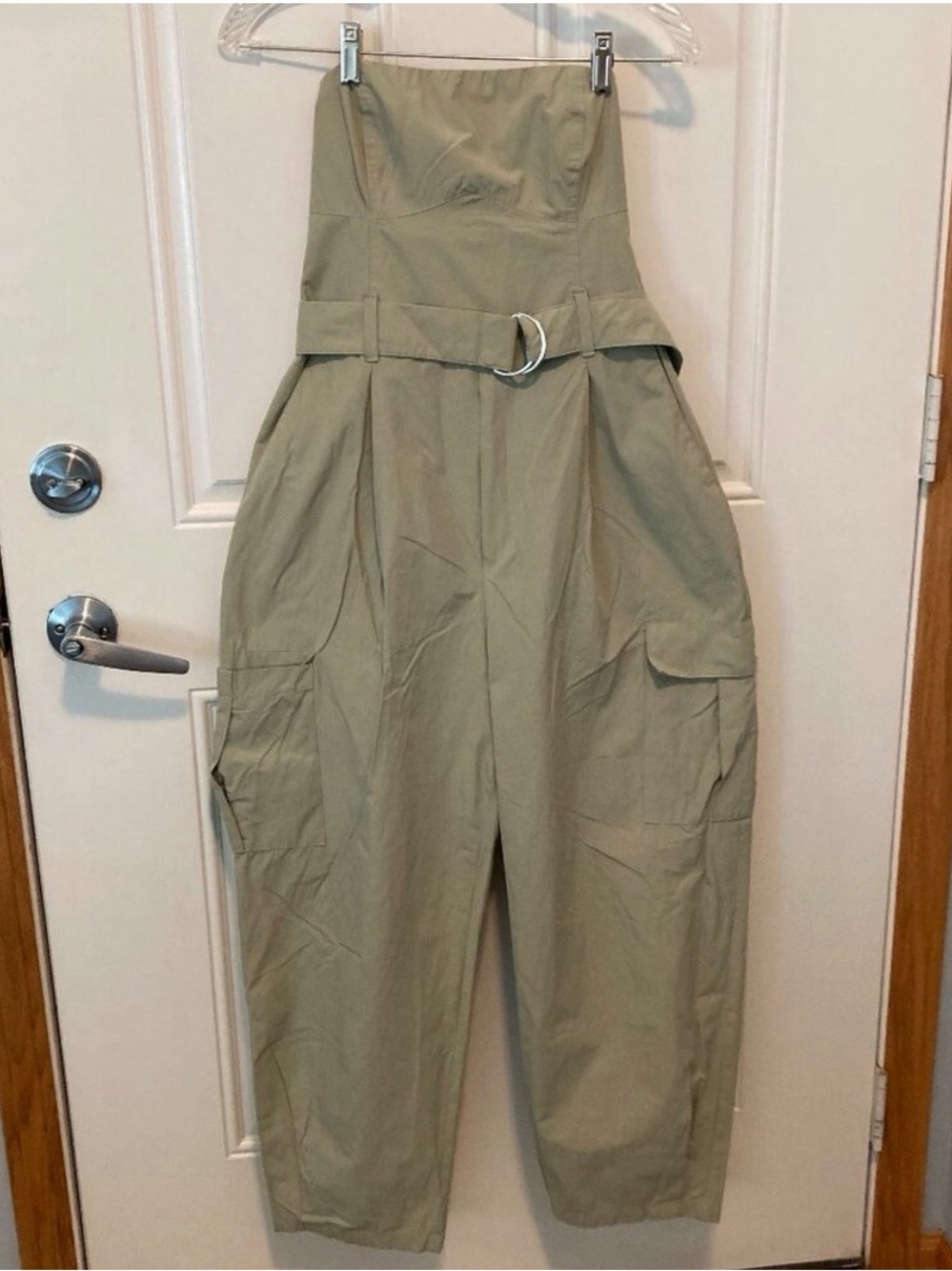 Zara Strapless Cargo Jumpsuit Light Khaki Green Women Size L